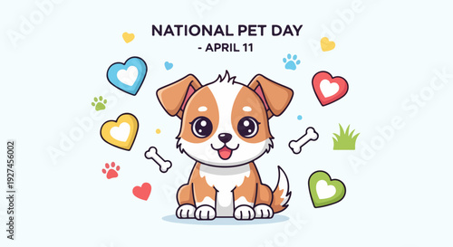 Adorable cartoon puppy surrounded by hearts and bones on national pet day april 11 illustration