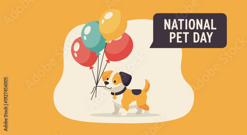 Beagle dog holds colorful balloons on national pet day with cheerful expression and vibrant orange background