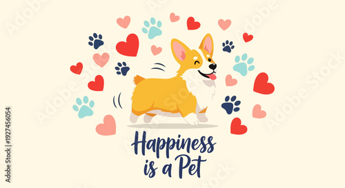 Joyful corgi dog surrounded by hearts and paw prints on cream background