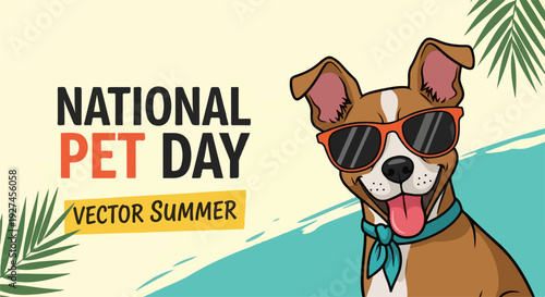 Happy dog in sunglasses celebrates national pet day on a sunny summer background with palm leaves