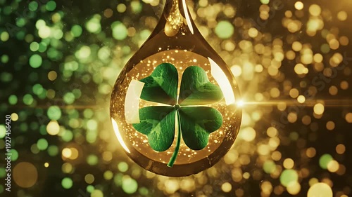 Luxurious Golden Pendant Cradling a Four-Leaf Clover Inside a Bright Glowing Orb Surrounded by Sparkling Bokeh Lights
