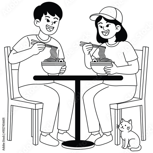 Line art illustration of two friends enjoying bowls of ramen at a table with chopsticks and a cat sitting nearby.