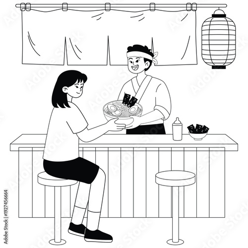Black and white illustration of a chef serving a bowl of ramen to a customer at a traditional counter.