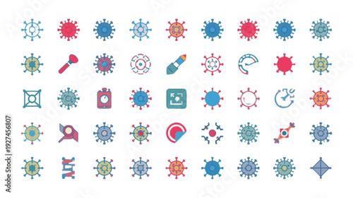 Colorful flat design vector icons featuring abstract shapes, science, technology, and communication symbols, ideal for modern digital graphics and creative content