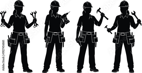 Black silhouette of female workers wearing hard hats and tool belts holding wrenches, drills, and hammers, isolated on white background.