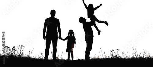 Black silhouette of a happy family with two children playing in a grassy meadow field, outdoor summer nature recreation vector, sunset.