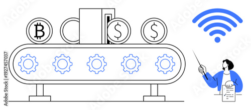 Conveyor belt with gears processing digital currency coins, wallet, worker holding clipboard, wireless symbol. Ideal for fintech, automation, cryptocurrency, blockchain, innovation finance