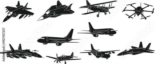 Set of black aircraft silhouettes featuring fighter jets, passenger planes, biplanes, and drones isolated on white background for aviation design.