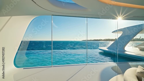 Luxurious Yacht Interior with Panoramic Ocean View and Modern White Seating Lounge