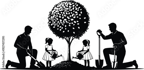 Black silhouette of parents and children planting and watering a tree together, family nature conservation, environmental protection