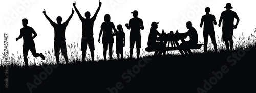 Black silhouette of people running, cheering, and having a picnic in a grassy field, outdoor summer family recreation vector illustration.