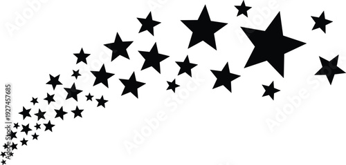 Black shooting stars silhouette trail, decorative star comet swoosh isolated on white background, celestial magic burst vecto