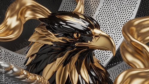 Majestic Metallic Golden Eagle Head Portrait with Ornate Armor and Radiant Embellishments