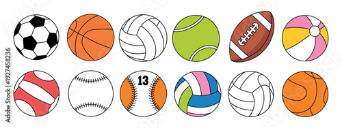 Sports Ball Vector Collection designed with a sketch-style aesthetic for billiards, volleyball, and fitness equipment, providing a creative and modern look for tournament announcements and sportswear 
