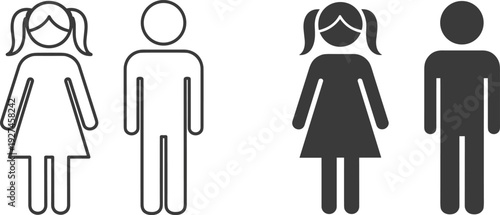 Male and female restroom symbols set, outline and solid human pictogram icons, gender signage concept for public facilities, navigation, accessibility, and universal design systems