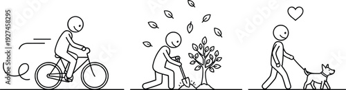 Minimal line lifestyle illustrations showing cycling, planting a tree and walking a dog, eco friendly outdoor activities promoting health, sustainability and active living habits