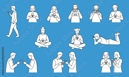 People using smartphones in various poses, illustrating mobile communication, social media interaction, digital lifestyle, online connectivity, and modern technology habits in minimalist line