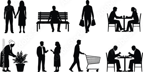 Silhouettes of people in everyday activities including shopping, conversation, dining, gardening, and walking, illustrating social interaction, lifestyle routines, and urban life in minimalist