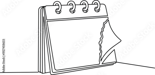 Tear off desk calendar page outline illustration, minimalist line drawing representing date change, schedule reminder and time management concept isolated on white background