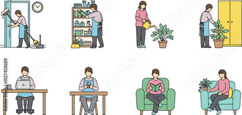 Woman daily home activities illustration set, cleaning, organizing, watering plants, working on laptop, reading and relaxing, modern housework routine and balanced lifestyle concept