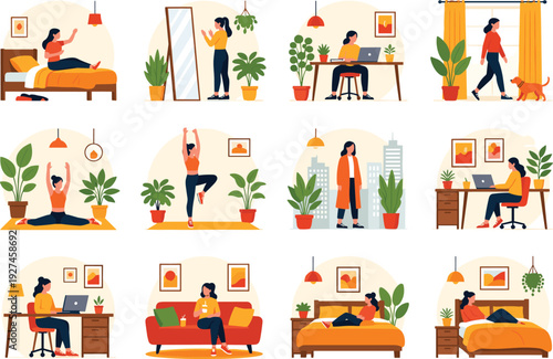 Woman daily home routine scenes including working, exercising, relaxing and sleeping, modern flat vector lifestyle illustration set showing healthy balance and cozy interior living moments