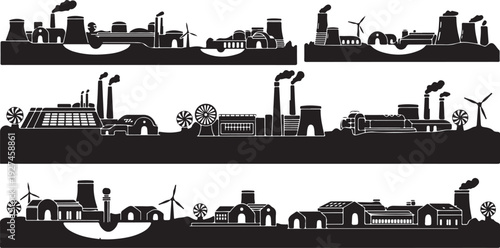 Industrial cityscape with pollution and renewable energy contrast