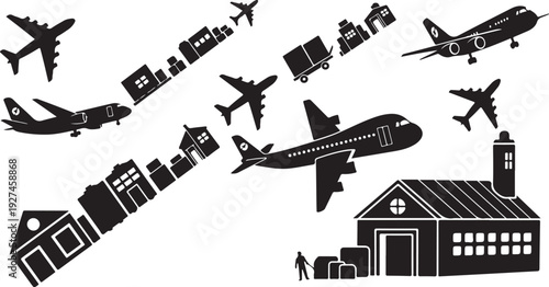 Airplanes and buildings in a transportation scene illustration