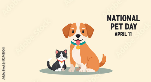 Friendly dog and cat sitting together on national pet day april 11 celebrating animal companionship and friendship with a cute cartoon illustration