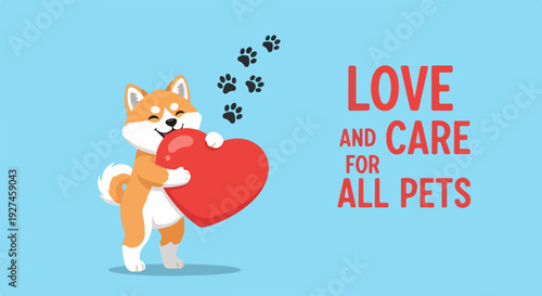 Cute cartoon dog holding red heart with paw prints symbolizing love and care for all pets in a colorful illustration
