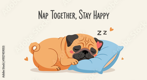 Cute pug dog sleeping on blue pillow nap together stay happy zzz peaceful slumber relaxation adorable pet