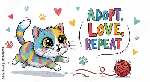 Colorful cat with 'adopt love repeat' text and hearts promoting pet adoption with vibrant illustration