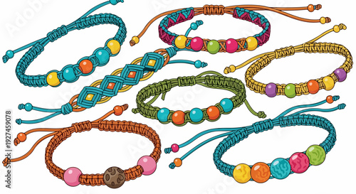 Colorful beaded bracelets with woven cords and adjustable tassels on white background