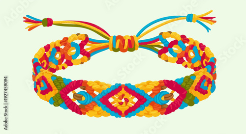 Vibrant colorful woven bracelet with tassels macrame cord jewelry bohemian style accessory on light background