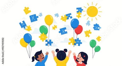 Celebrating World Down syndrome day with joyful children releasing colorful balloons and puzzle pieces into the air