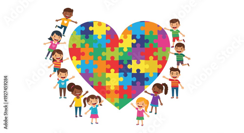 Celebrating World Down syndrome day with diverse children forming a heart shape with puzzle pieces