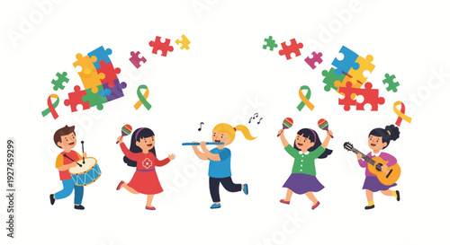 Children celebrating World Down syndrome day with colorful puzzle pieces and ribbons, dancing joyfully together