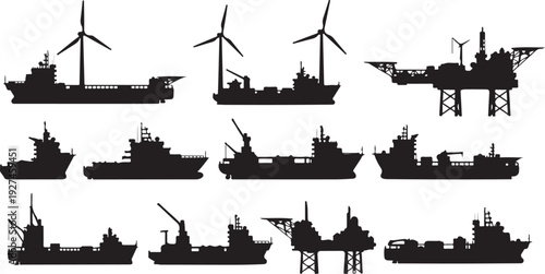 Collection of ship silhouettes with wind turbines offshore industry