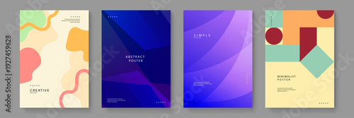 A collection of four professional abstract posters featuring organic liquid shapes geometric patterns and vibrant blue purple gradients