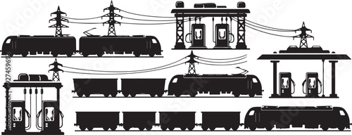 Black train and gas pump silhouettes on white background