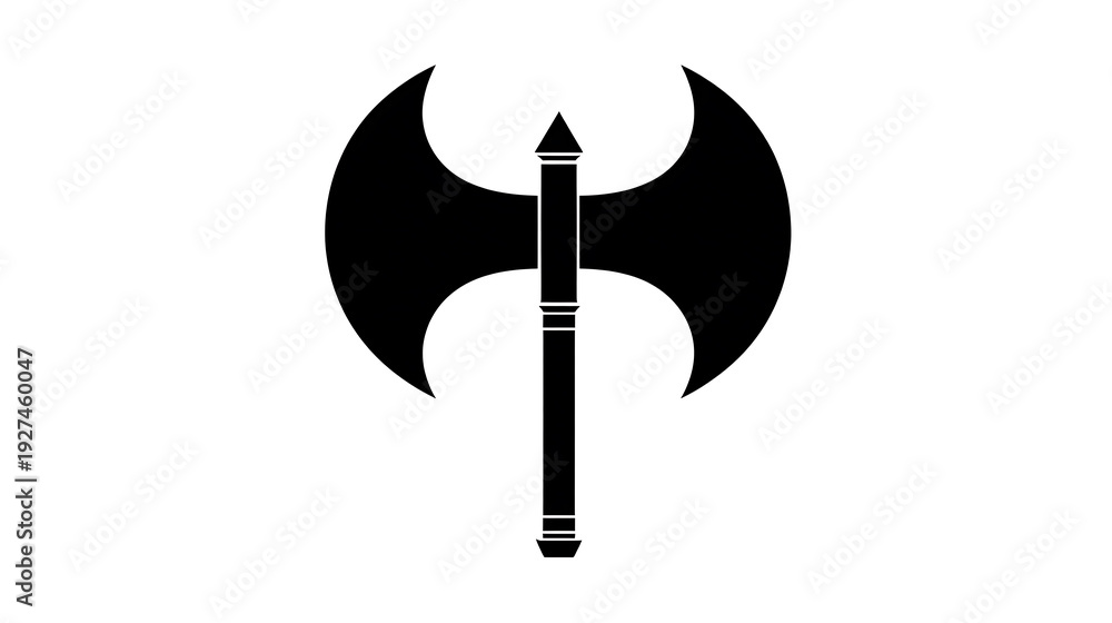 Fototapeta premium An isolated image of a double-bladed axe with a sharp edge, the silhouette is black. This graphic represents strength and power
