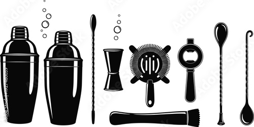Professional bartender tool kit collection, cocktail shaker, jigger, strainer, muddler, bar spoon, bottle opener, black and white vector icons, beverage equipment