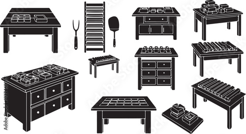 Various vehicles and fuel stations in black and white