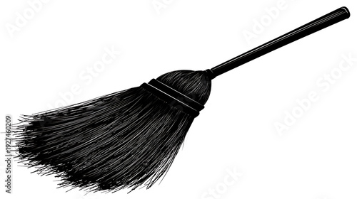 A black broom stands against the scene, ready for sweeping