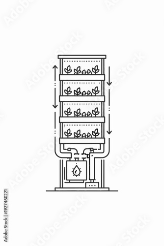 Illustration of vertical farming, an efficient, sustainable method of urban food production, showcasing a clean, modern approach to agriculture.