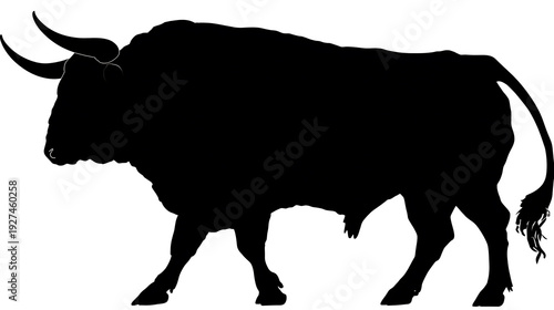 A black bull silhouette standing boldly with its horns displayed
