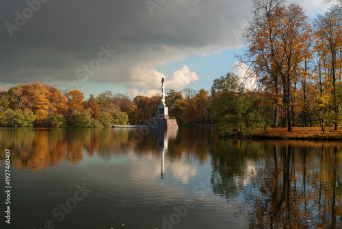 The Chesme Column in the center of the Great Pond in the Catherine Park of Tsarskoye Selo on a sunny autumn day, Pushkin, Saint Petersburg, Russia