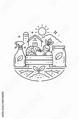 An illustration depicts an idyllic farm scene, featuring a variety of freshly harvested produce and organic products, evoking a sense of sustainable agriculture.