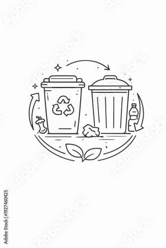 Illustrative sketch of recycling bin and trash bin, Promoting environmental responsibility and conscious waste disposal.