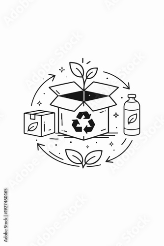 Illustration of a recycling concept: A symbolic representation of sustainability, featuring a cardboard box sprouting a plant, and a bottle with a leaf symbol, enclosed within a circular arrow design.