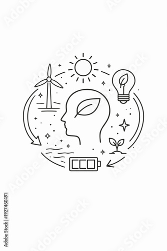 The embodiment of sustainable development, a harmonious circle of elements symbolizing the interconnectedness of human mind and the environment, represented in clean lines.